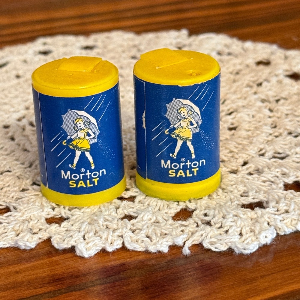 Morton Salt Miniature Shakers Set of 2 Blue Yellow Vintage 1.5in Advertising USA